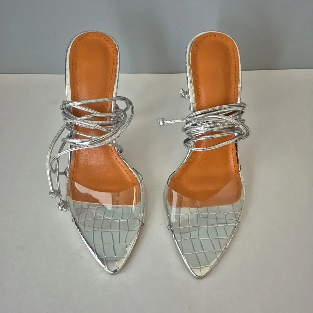 Boutique Silver Clear Open Toe Lace Up and Around the Calf High Heels Womens 6